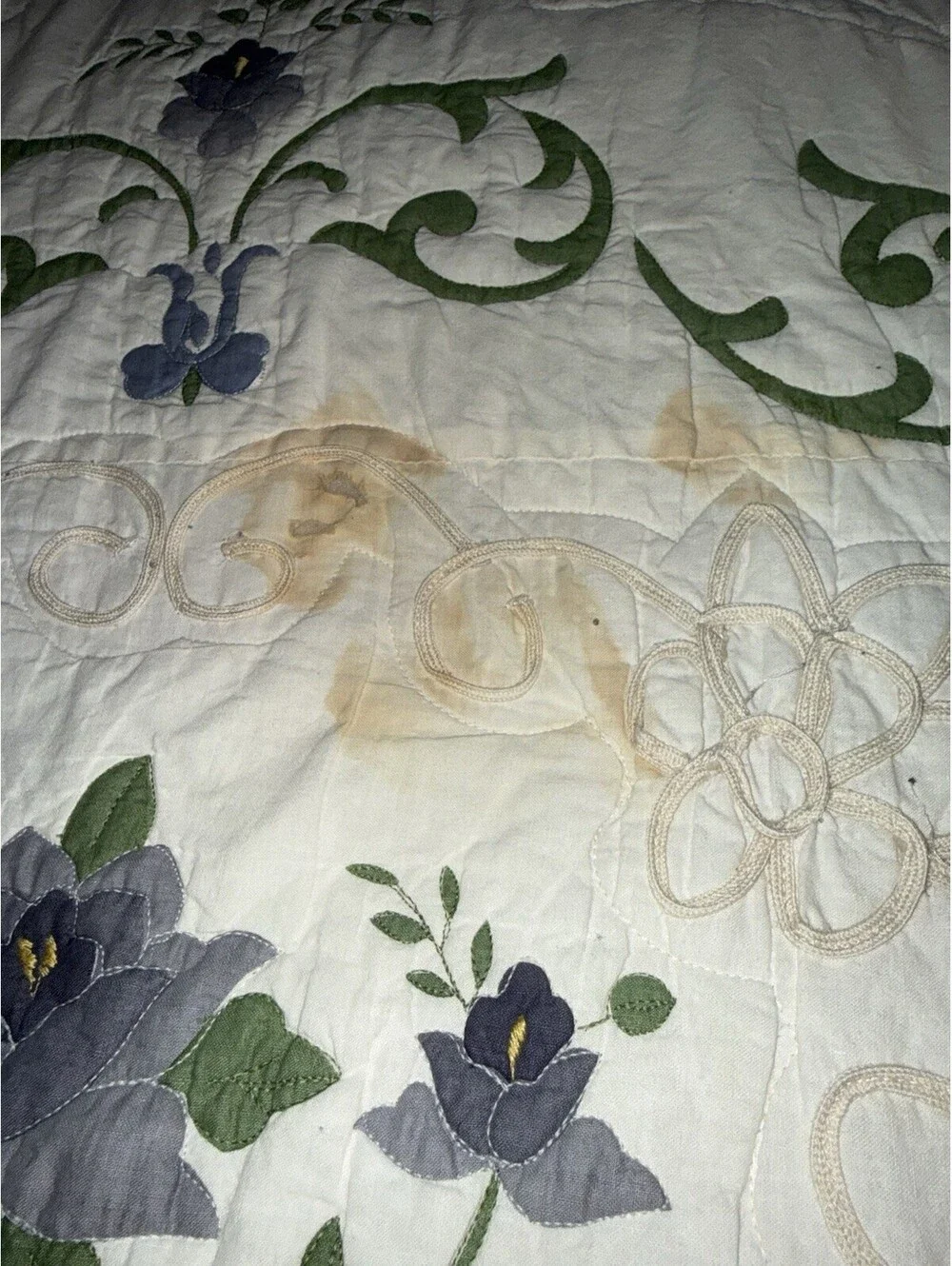 Vtg Quilt Floral Vines White Green Applique  see pics/description; country